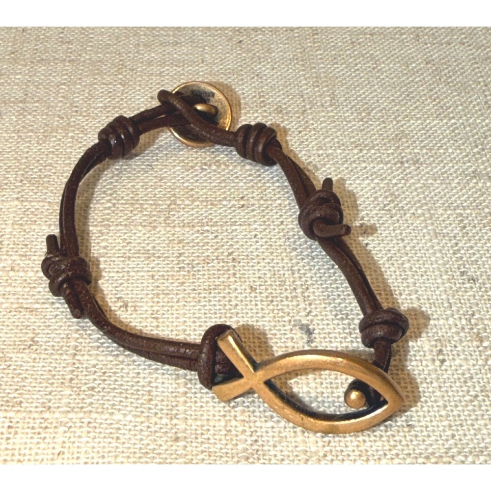 James Avery Bronze Ichthus Fish Brown Leather Knotted Cord Bracelet 8" Mens